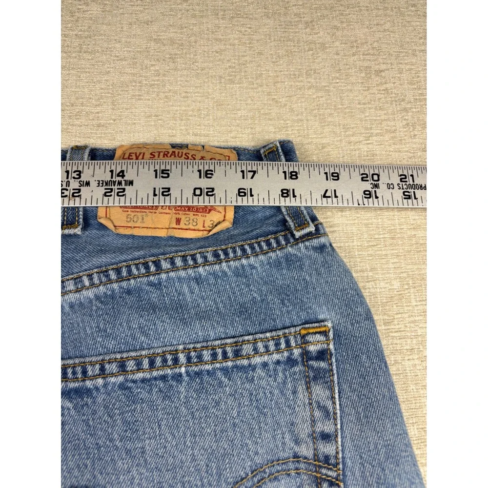 Levis 501 Mens 38x34 Jeans Grungy Light Blue Washed Denim Distressed High Fade